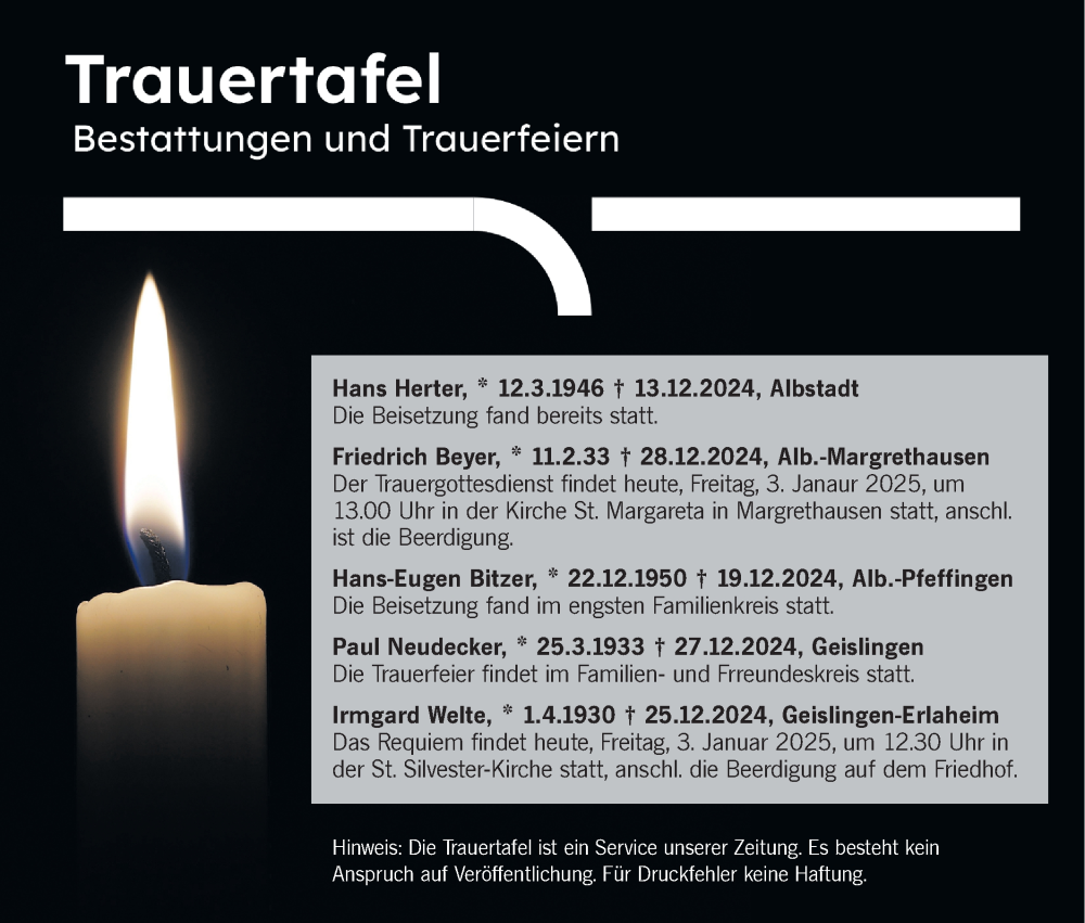  Traueranzeige für Bestattungen vom 03.01.2025 vom 03.01.2025 aus SÜDWEST PRESSE Zollernalbkreis/Hohenzollerische Zeitung