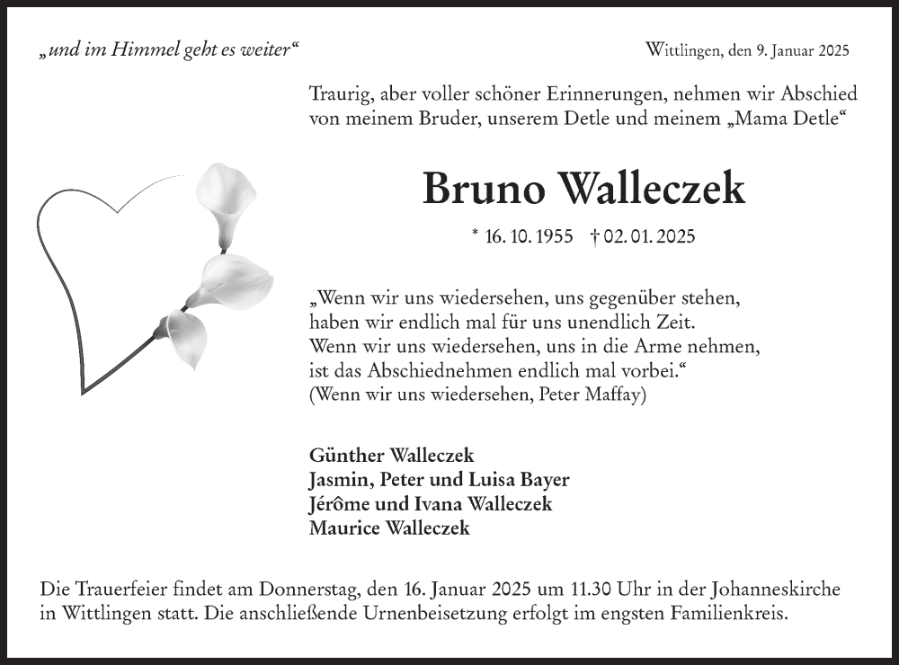  Traueranzeige für Bruno Walleczek vom 09.01.2025 aus Alb-Bote/Metzinger-Uracher Volksblatt