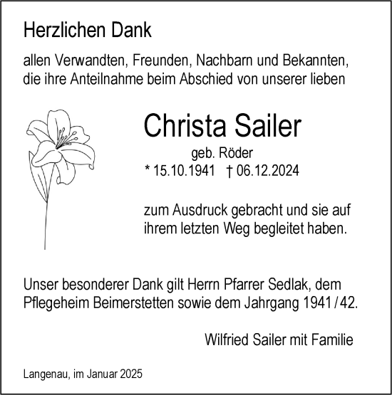 Traueranzeige von Christa Sailer von SÜDWEST PRESSE Ausgabe Ulm/Neu-Ulm