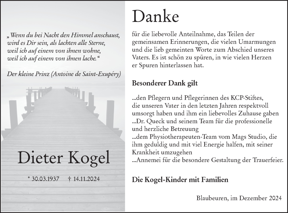  Traueranzeige für Dieter Kogel vom 03.01.2025 aus Das Blaumännle
