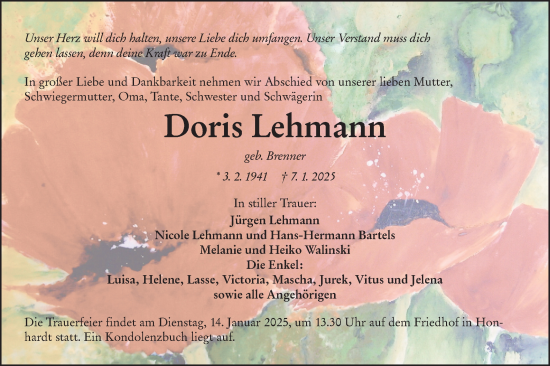 Traueranzeige von Doris Lehmann von Hohenloher Tagblatt