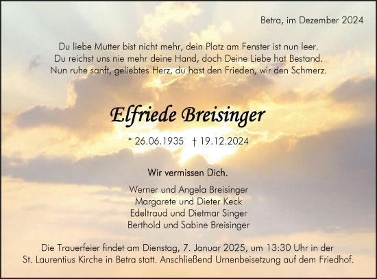 Traueranzeige von Elfriede Breisinger von Neckar-Chronik