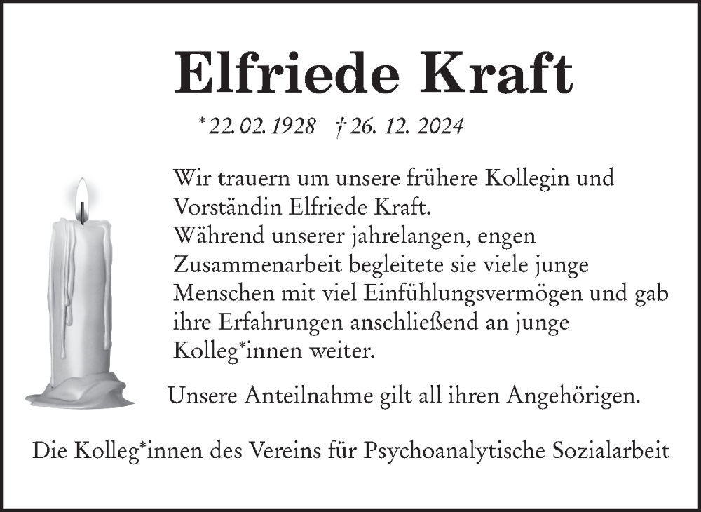  Traueranzeige für Elfriede Kraft vom 09.01.2025 aus Schwäbische Tagblatt