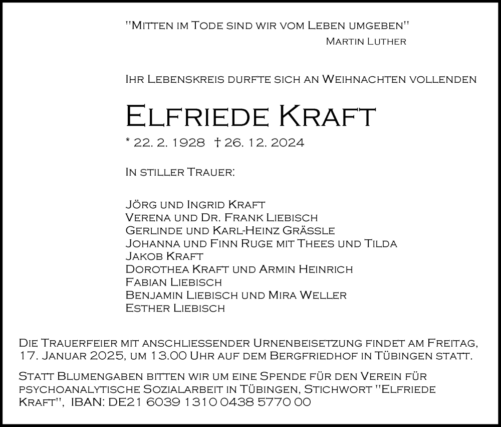  Traueranzeige für Elfriede Kraft vom 04.01.2025 aus Schwäbische Tagblatt