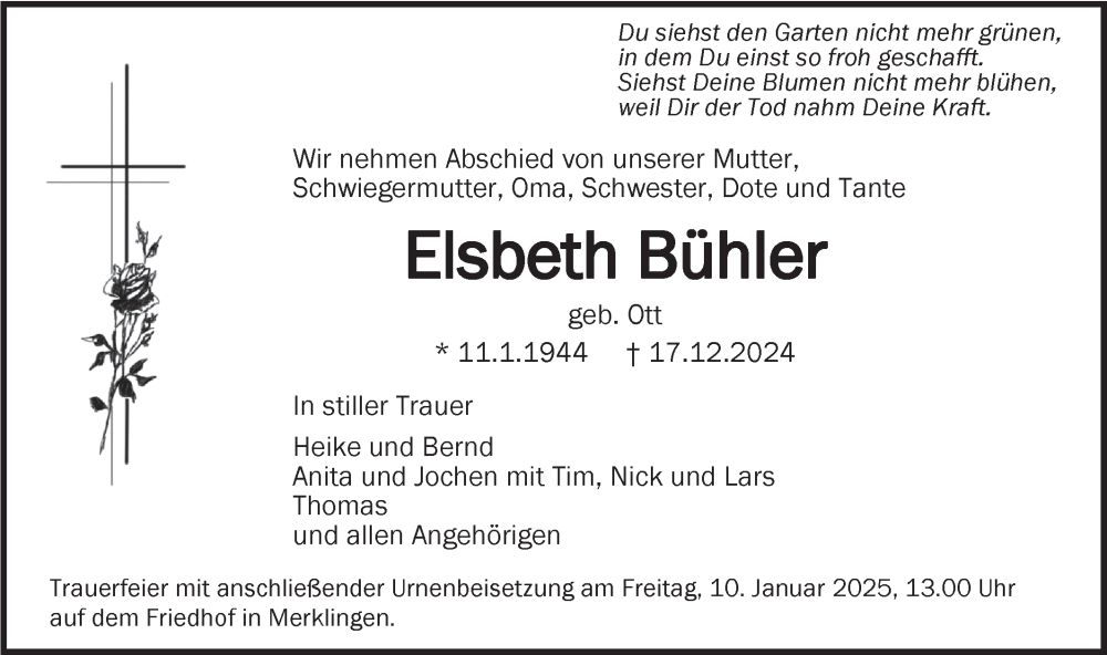  Traueranzeige für Elsbeth Bühler vom 04.01.2025 aus SÜDWEST PRESSE Ausgabe Ulm/Neu-Ulm