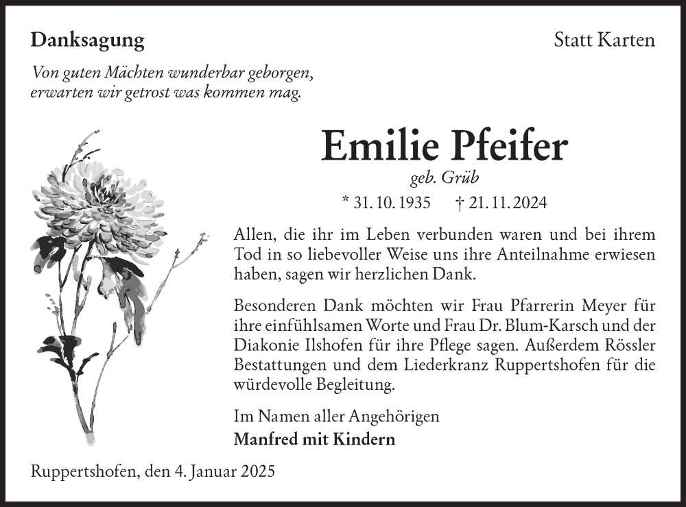  Traueranzeige für Emilie Pfeifer vom 04.01.2025 aus Haller Tagblatt/Hohenloher Tagblatt