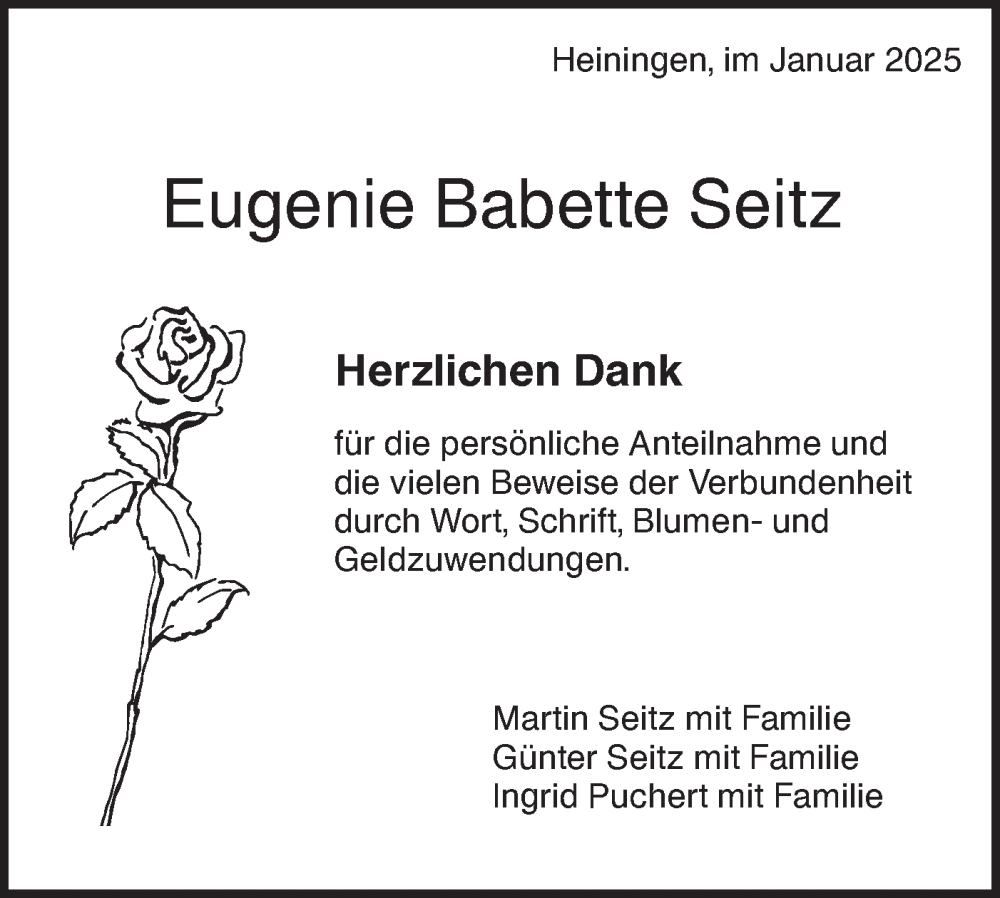  Traueranzeige für Eugenie Babette Seitz vom 04.01.2025 aus NWZ Neue Württembergische Zeitung