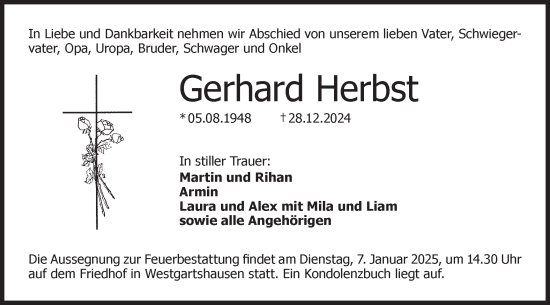Traueranzeige von Gerhard Herbst von Hohenloher Tagblatt
