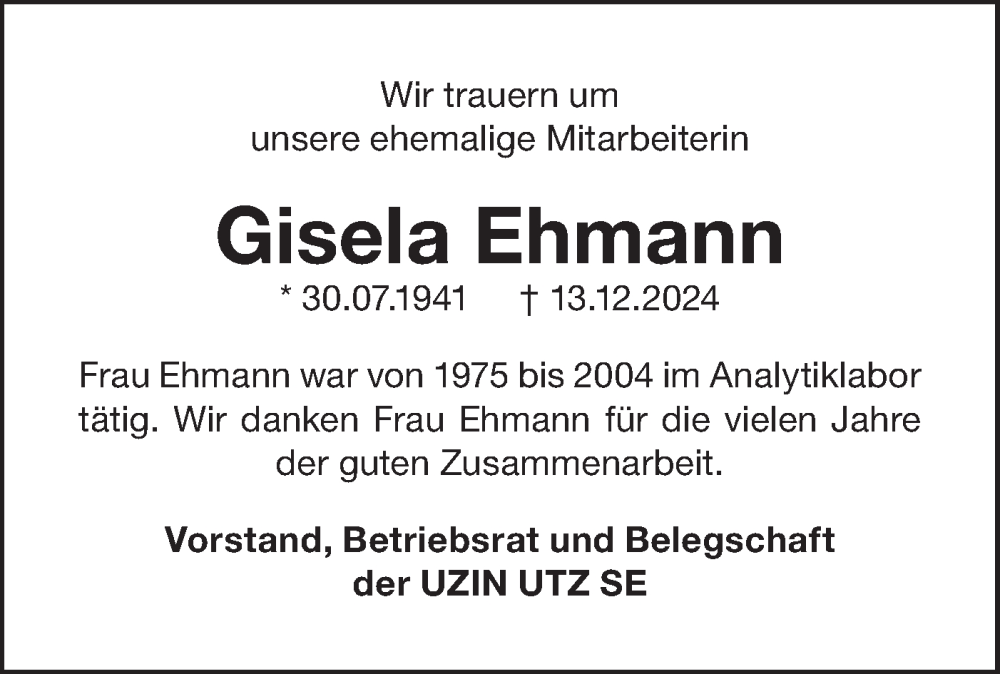  Traueranzeige für Gisela Ehmann vom 09.01.2025 aus SÜDWEST PRESSE Ausgabe Ulm/Neu-Ulm