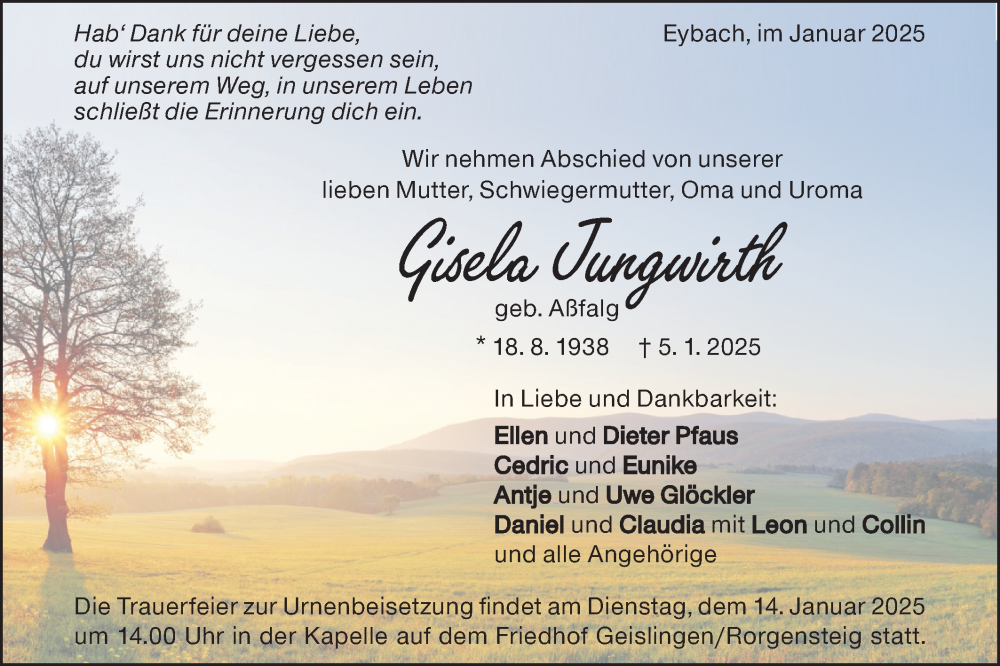  Traueranzeige für Gisela Jungwirth vom 09.01.2025 aus Geislinger Zeitung