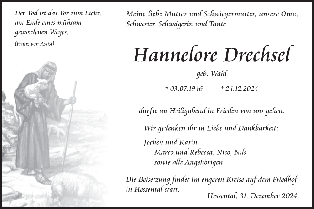  Traueranzeige für Hannelore Drechsel vom 31.12.2024 aus Haller Tagblatt