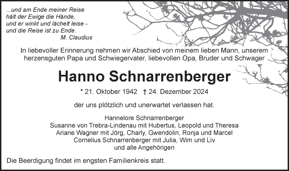  Traueranzeige für Hanno Schnarrenberger vom 07.01.2025 aus NWZ Neue Württembergische Zeitung