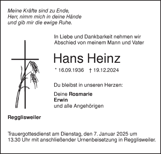 Traueranzeige von Hans Heinz von SÜDWEST PRESSE Ausgabe Ulm/Neu-Ulm