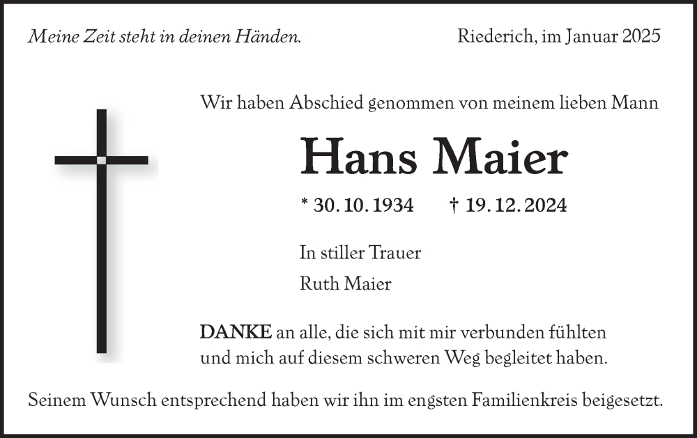  Traueranzeige für Hans Maier vom 04.01.2025 aus Alb-Bote/Metzinger-Uracher Volksblatt