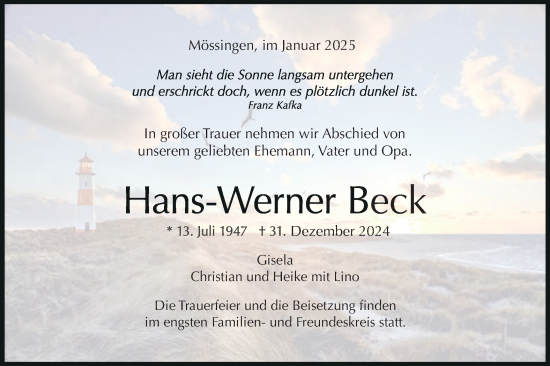 Traueranzeige von Hans-Werner Beck von Schwäbische Tagblatt