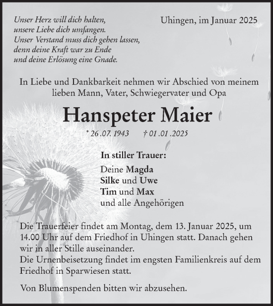 Traueranzeige von Hanspeter Maier von NWZ Neue Württembergische Zeitung