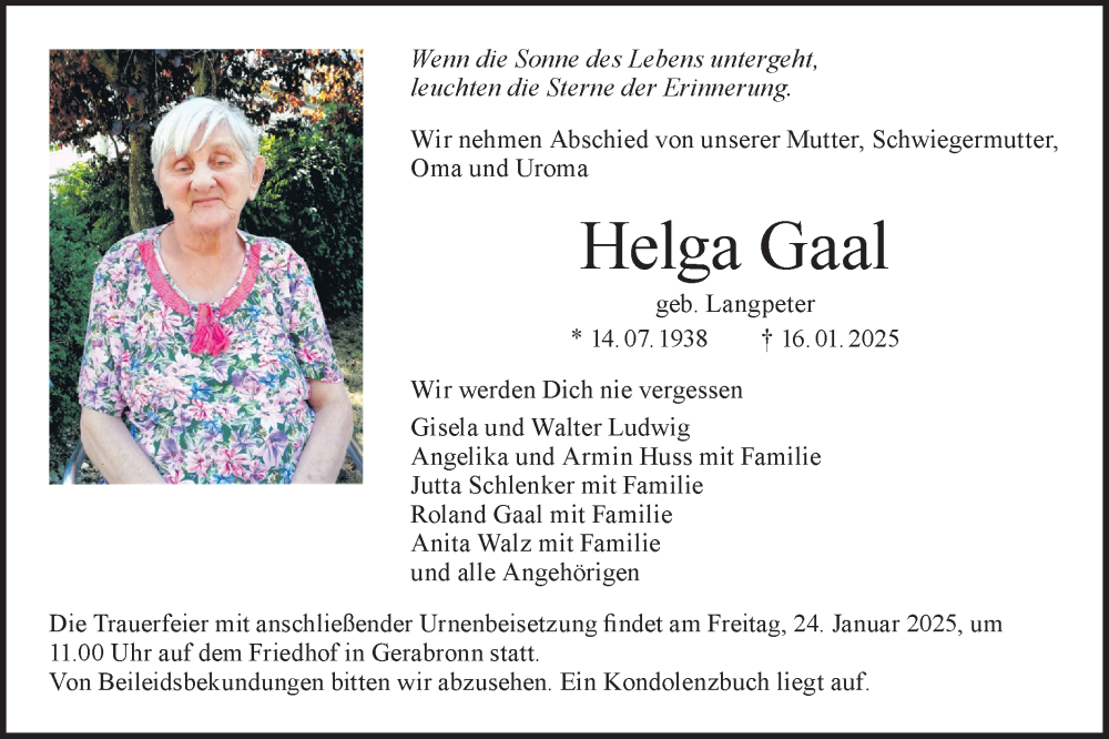 Traueranzeige für Helga Gaal vom 22.01.2025 aus Hohenloher Tagblatt