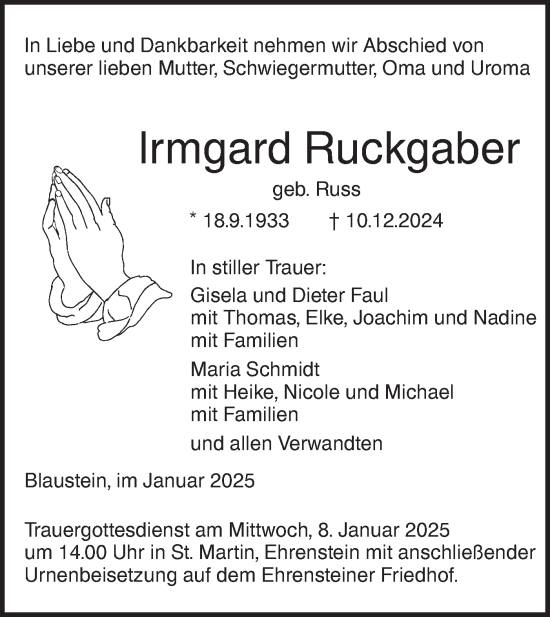 Traueranzeige von Irmgard Ruckgaber von SÜDWEST PRESSE Ausgabe Ulm/Neu-Ulm