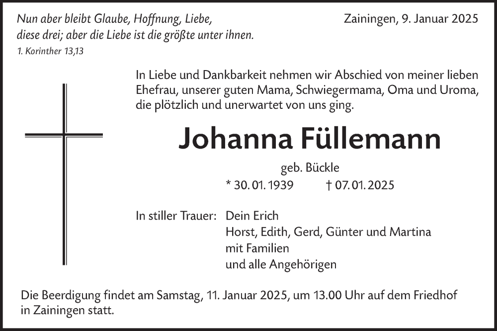  Traueranzeige für Johanna Füllemann vom 09.01.2025 aus Alb-Bote/Metzinger-Uracher Volksblatt