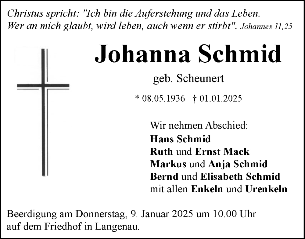  Traueranzeige für Johanna Schmid vom 04.01.2025 aus SÜDWEST PRESSE Ausgabe Ulm/Neu-Ulm