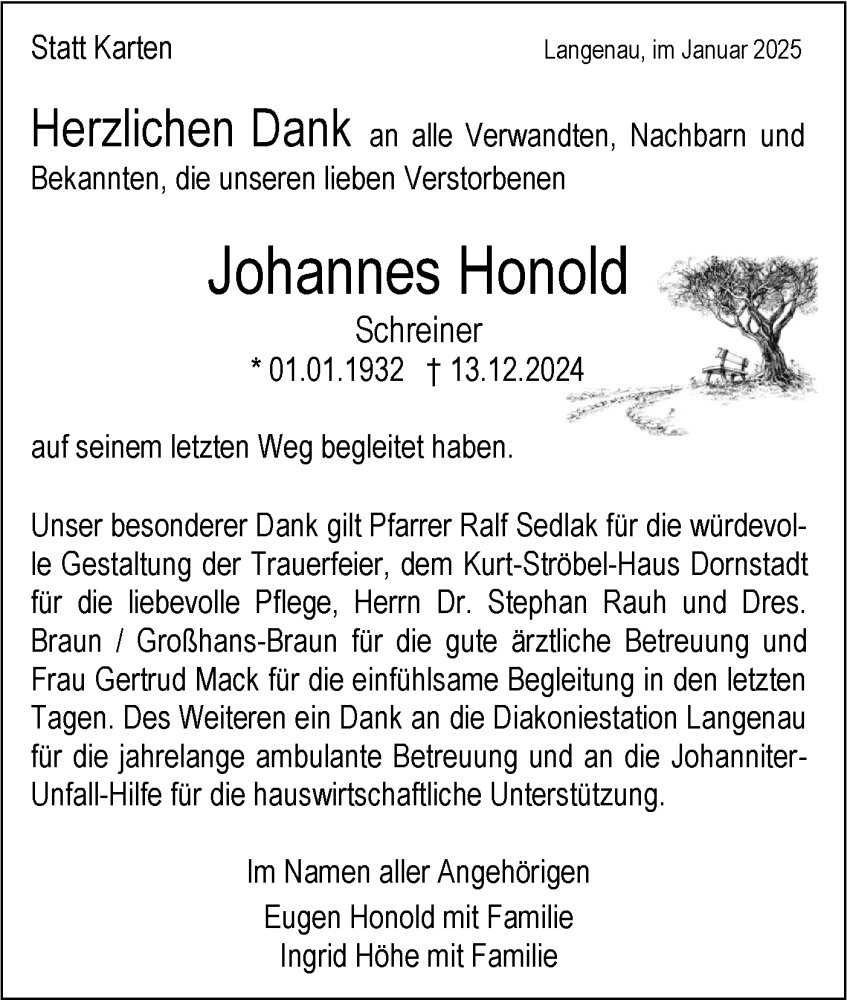  Traueranzeige für Johannes Honold vom 04.01.2025 aus SÜDWEST PRESSE Ausgabe Ulm/Neu-Ulm