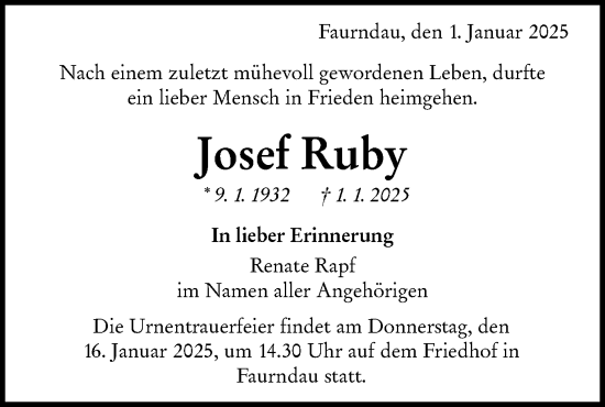Traueranzeige von Josef Ruby von NWZ Neue Württembergische Zeitung