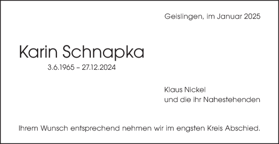 Traueranzeige von Karin Schnapka von Geislinger Zeitung