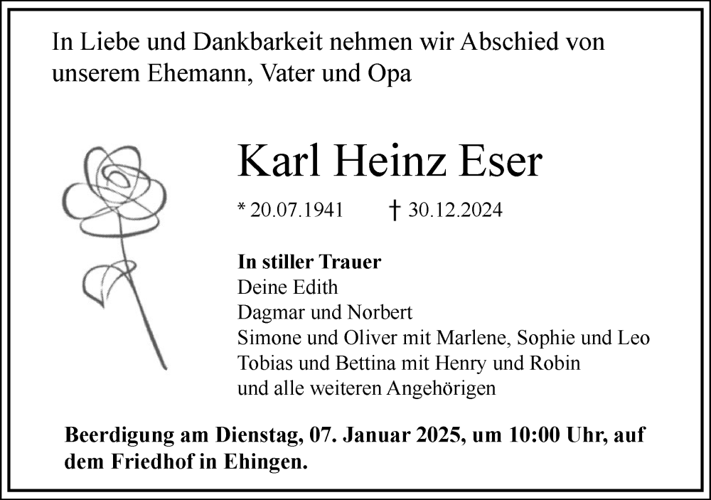  Traueranzeige für Karl Heinz Eser vom 03.01.2025 aus Ehinger Tagblatt