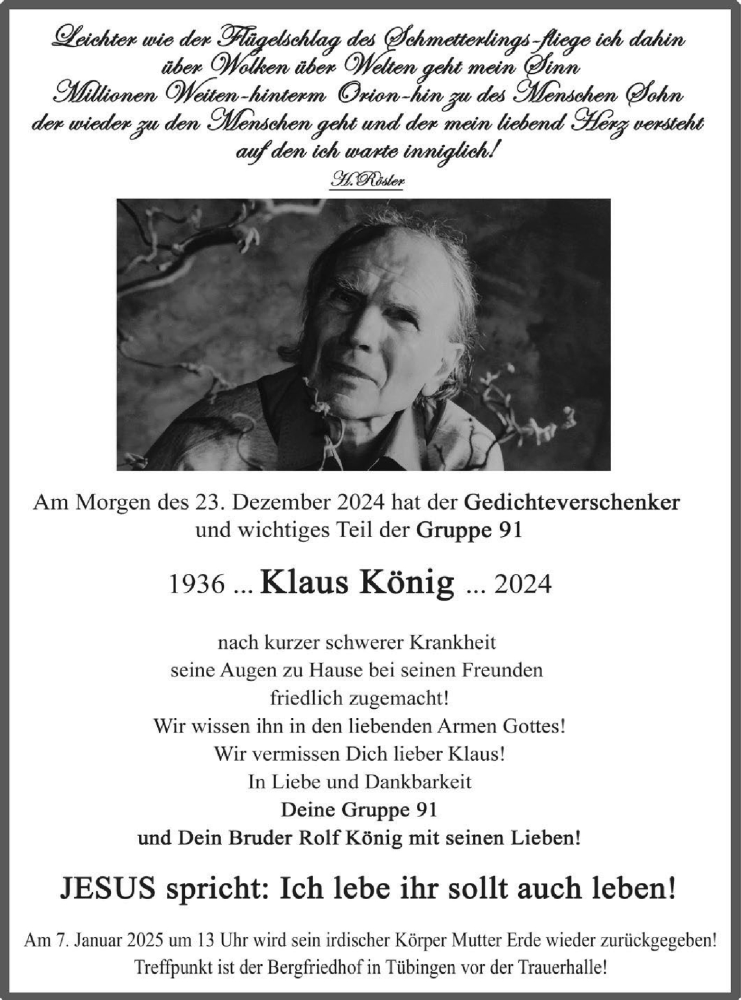  Traueranzeige für Klaus König vom 04.01.2025 aus Schwäbische Tagblatt