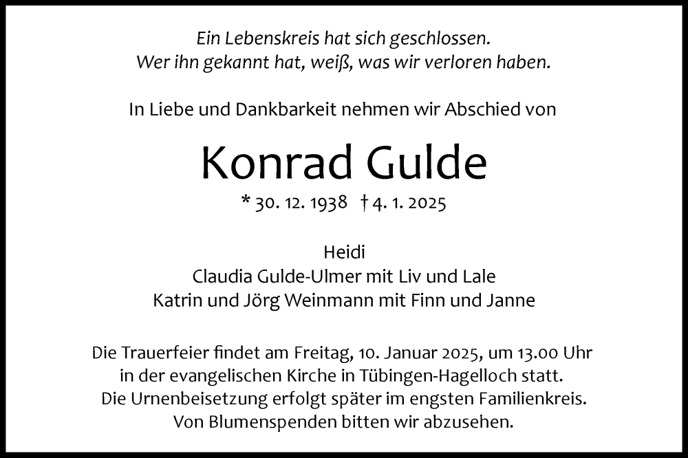  Traueranzeige für Konrad Gulde vom 08.01.2025 aus Schwäbische Tagblatt