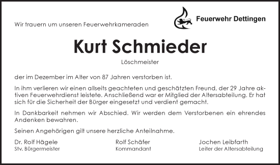 Traueranzeige von Kurt Schmieder von Alb-Bote/Metzinger-Uracher Volksblatt