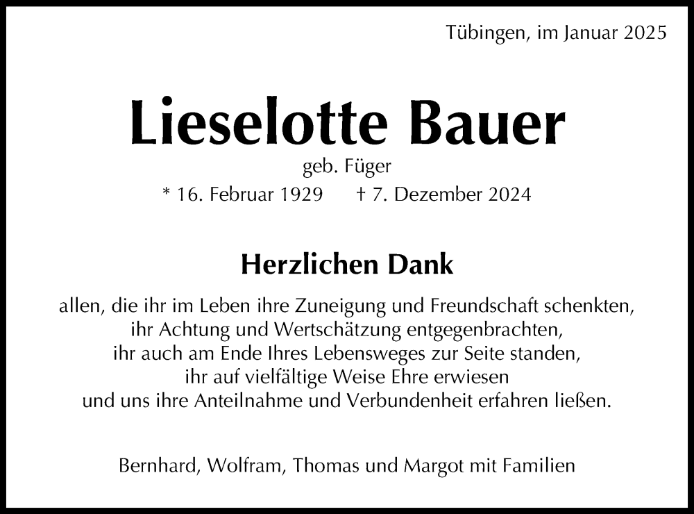  Traueranzeige für Lieselotte Bauer vom 04.01.2025 aus Schwäbische Tagblatt