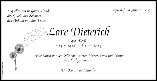Traueranzeige von Lore Dieterich von Rundschau Gaildorf
