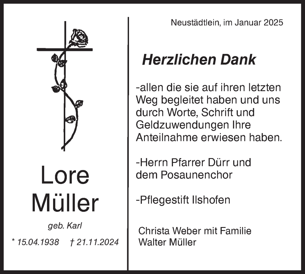  Traueranzeige für Lore Müller vom 03.01.2025 aus Hohenloher Tagblatt