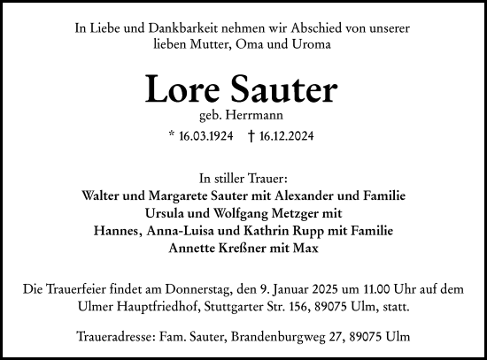 Traueranzeige von Lore Sauter von SÜDWEST PRESSE Ausgabe Ulm/Neu-Ulm