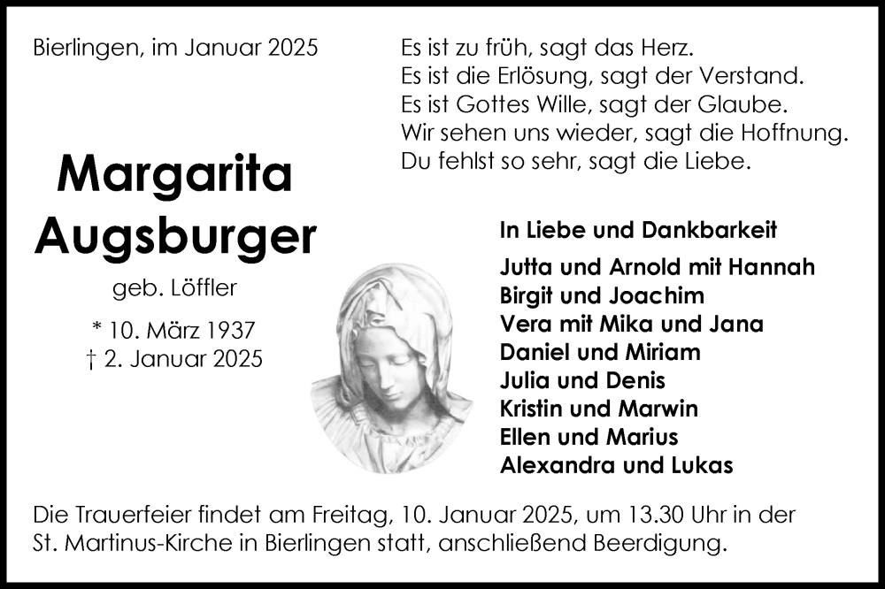  Traueranzeige für Margarita Augsburger vom 08.01.2025 aus Schwäbische Tagblatt
