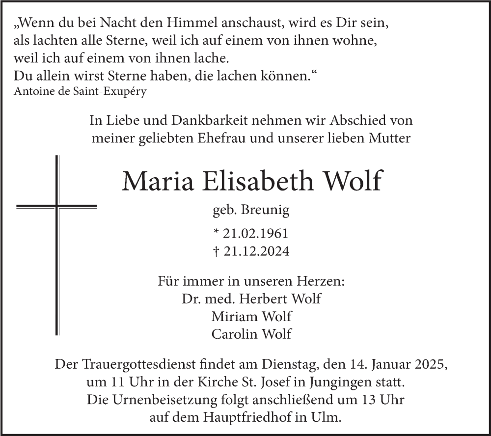  Traueranzeige für Maria Elisabeth Wolf vom 04.01.2025 aus SÜDWEST PRESSE Ausgabe Ulm/Neu-Ulm
