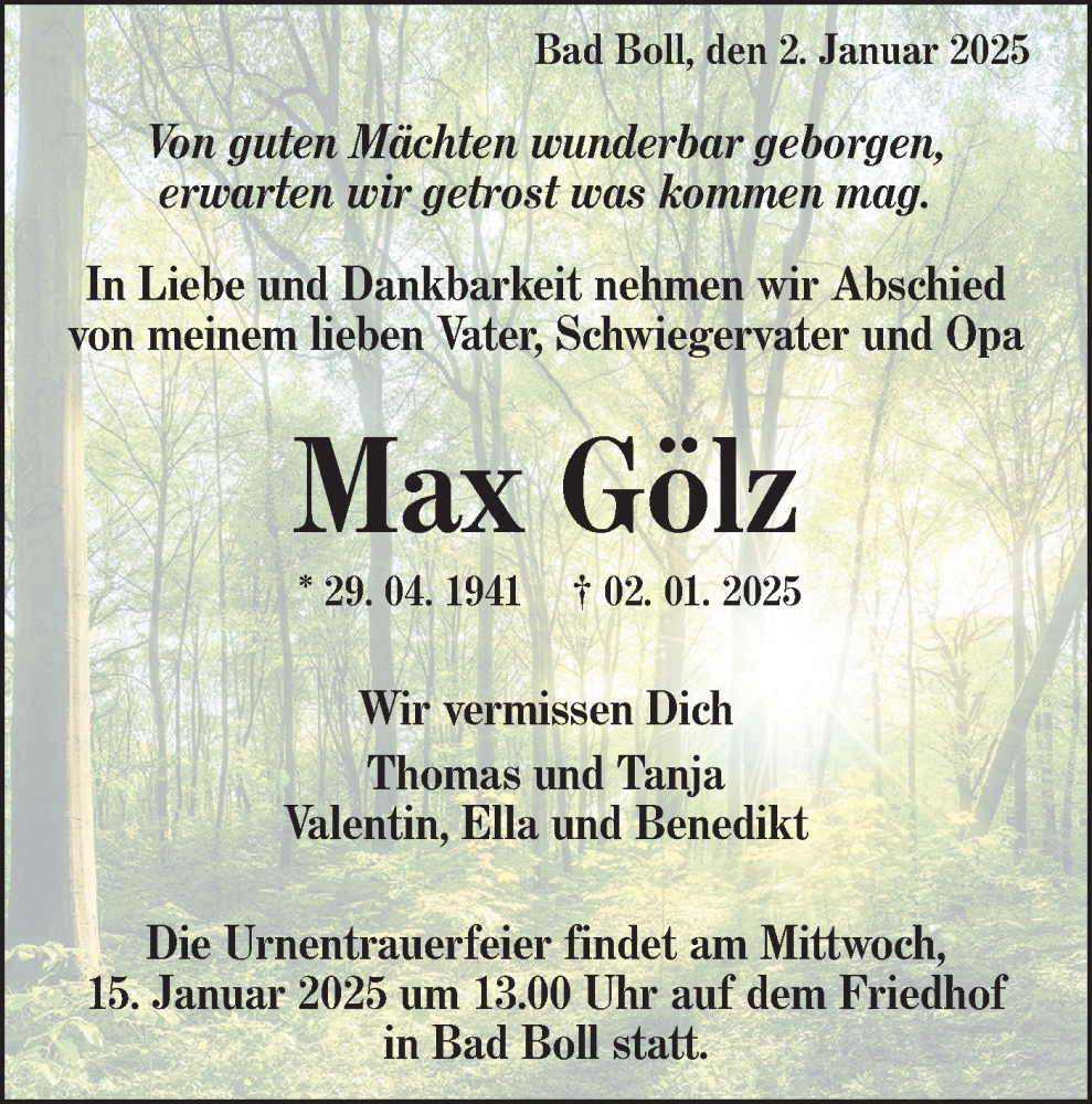  Traueranzeige für Max Gölz vom 10.01.2025 aus NWZ Neue Württembergische Zeitung