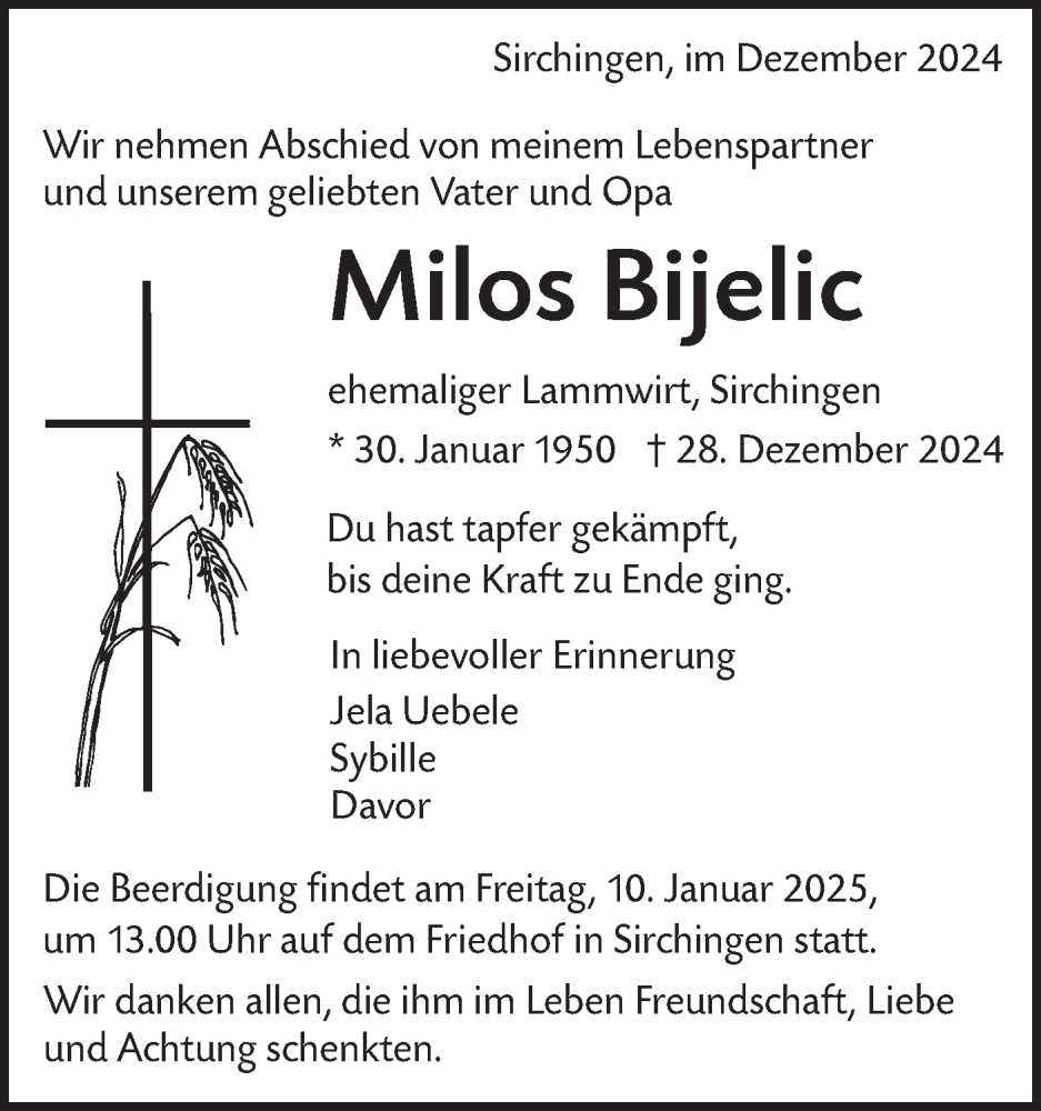  Traueranzeige für Milos Bijelic vom 08.01.2025 aus Alb-Bote/Metzinger-Uracher Volksblatt