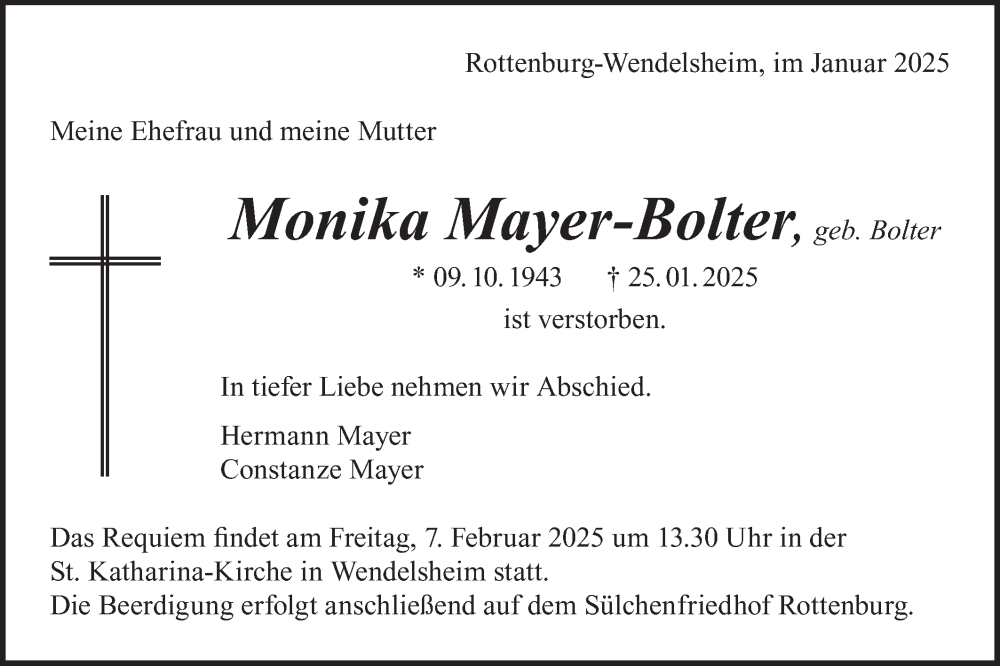  Traueranzeige für Monika Mayer-Bolter vom 31.01.2025 aus Schwäbische Tagblatt