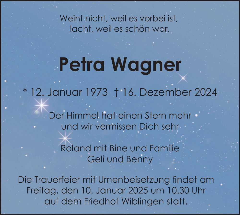  Traueranzeige für Petra Wagner vom 04.01.2025 aus SÜDWEST PRESSE Ausgabe Ulm/Neu-Ulm