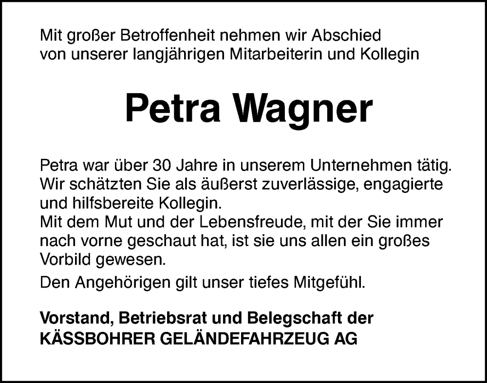  Traueranzeige für Petra Wagner vom 04.01.2025 aus SÜDWEST PRESSE Ausgabe Ulm/Neu-Ulm