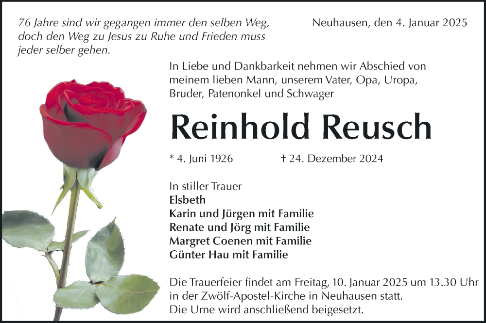  Traueranzeige für Reinhold Reusch vom 04.01.2025 aus Alb-Bote/Metzinger-Uracher Volksblatt