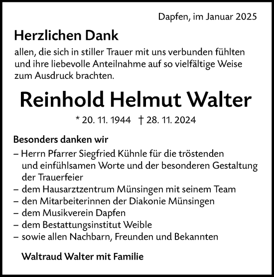 Traueranzeige von Reinhold Helmut Walter von Alb-Bote/Metzinger-Uracher Volksblatt