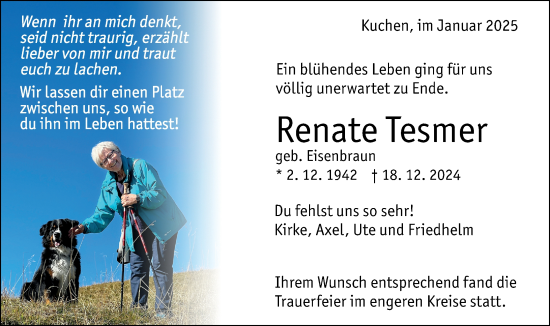Traueranzeige von Renate Tesmer von Geislinger Zeitung