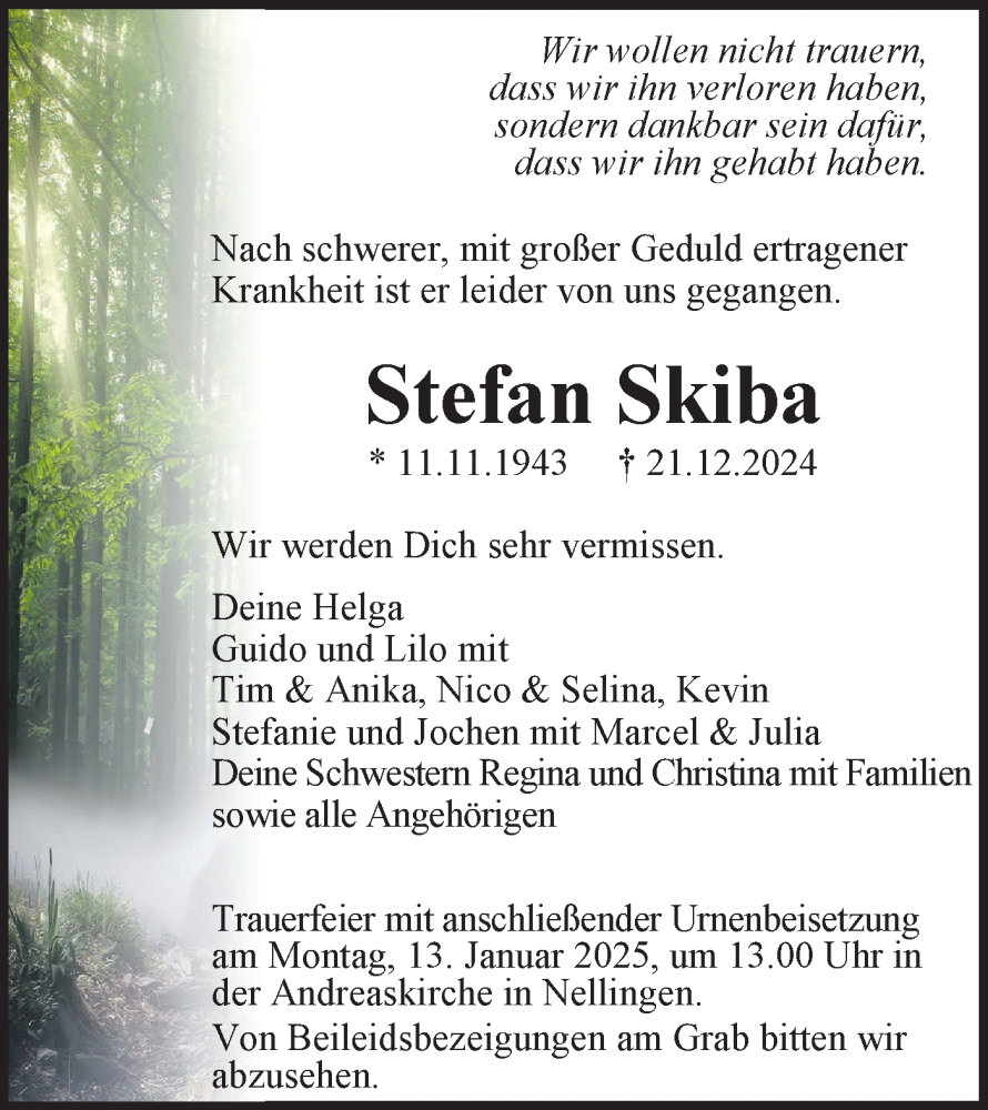  Traueranzeige für Stefan Skiba vom 08.01.2025 aus SÜDWEST PRESSE Ausgabe Ulm/Neu-Ulm