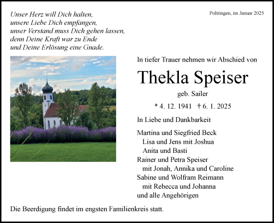 Traueranzeige von Thekla Speiser von Schwäbische Tagblatt