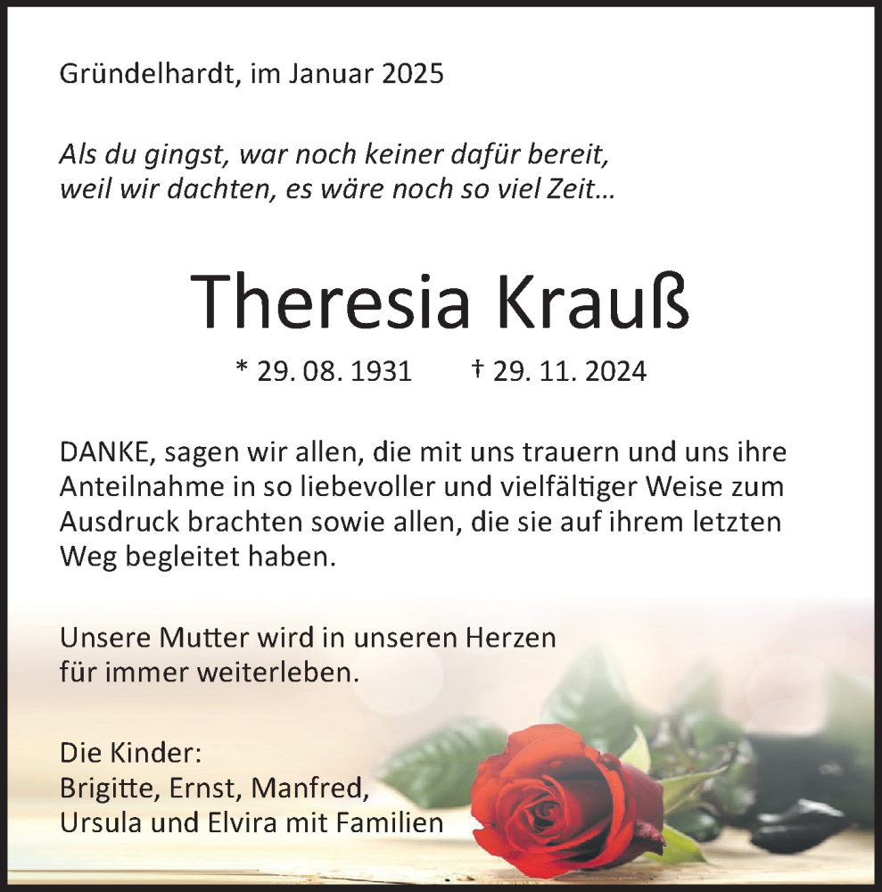  Traueranzeige für Theresia Krauß vom 02.01.2025 aus Hohenloher Tagblatt