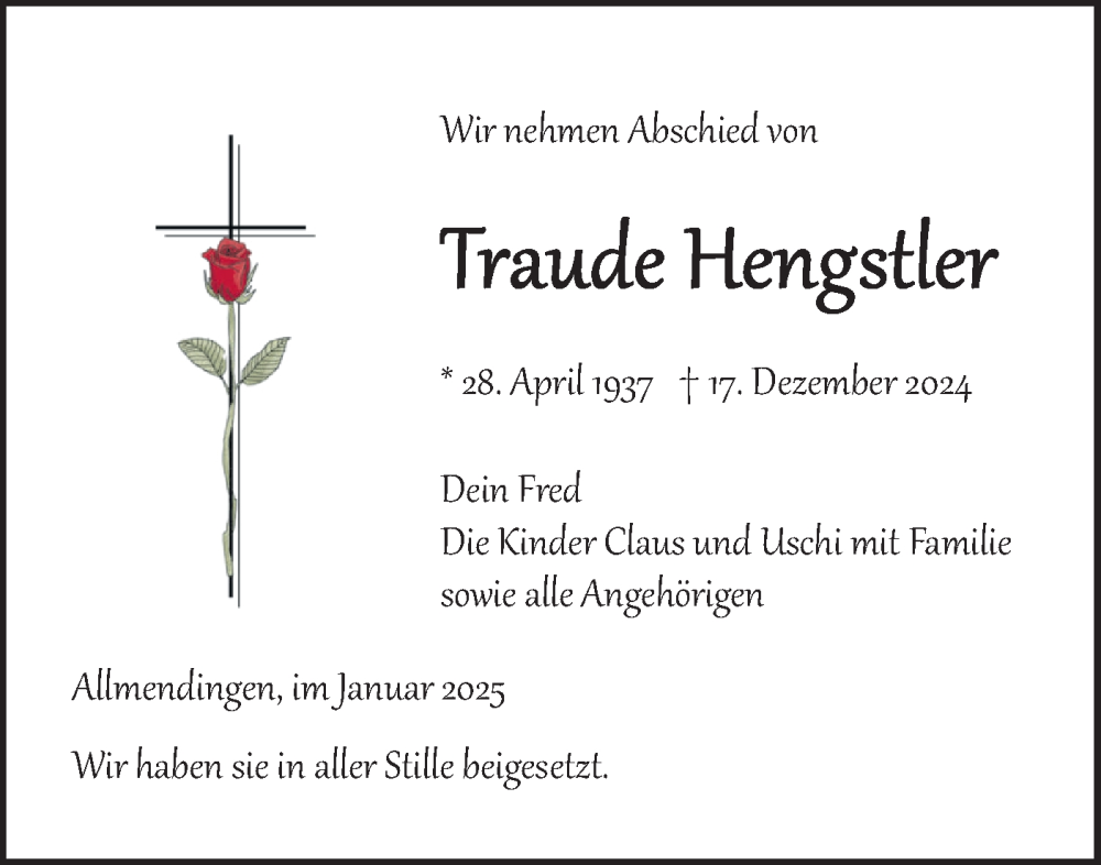  Traueranzeige für Traude Hengstler vom 04.01.2025 aus Ehinger Tagblatt