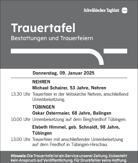 Traueranzeige von Trauertafel vom 09.01.2025 von Schwäbische Tagblatt